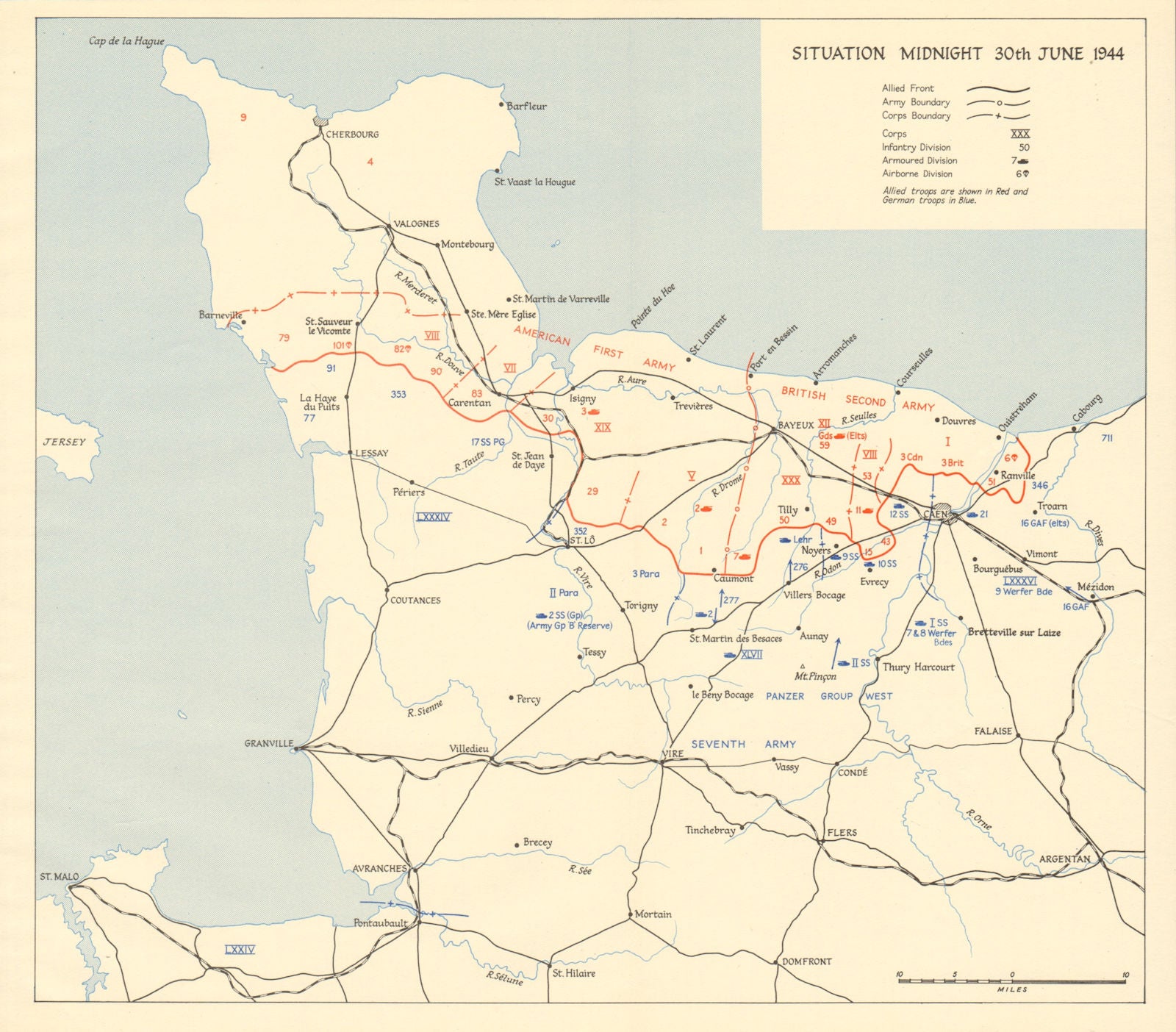D-Day Normany landings. Situation midnight 30 June 1944. Overlord 1962 old map